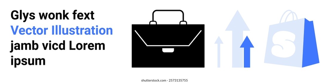 Black briefcase next to upward arrows and shopping bag with text on the left. Ideal for business, finance, e-commerce, marketing, startup. Landing page