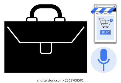 A black briefcase represents traditional business tools. The smartphone with a shopping cart icon and a blue Buy button highlights e-commerce. A blue microphone icon signifies voice command