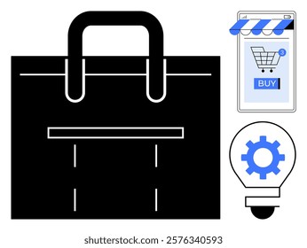 Black briefcase, smartphone with shopping cart and buy button, and a lightbulb with a blue gear. Ideal for business, e-commerce, technology, online shopping, startups. Modern minimalist style