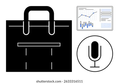 Black briefcase symbol, microphone icon, and a chart with bar graphs and line graphs. Ideal for business communication, presentations, professional environment, corporate training, marketing