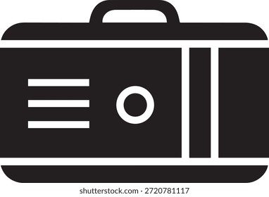 Schwarze Aktentasche mit weißen horizontalen Linien und Kreisdetails auf weißem Hintergrund Gepäckreisen Geschäft