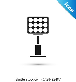 Black Bright stadium lights icon isolated on white background. Spotlight on a football field. Floodlight, light projector.  Vector Illustration