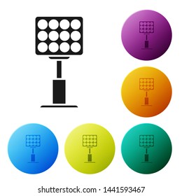 Black Bright stadium lights icon isolated on white background. Spotlight on a football field. Floodlight, light projector. Set icons colorful circle buttons. Vector Illustration