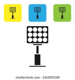 Black Bright stadium lights icon isolated on white background. Spotlight on a football field. Floodlight, light projector. Set icons colorful square buttons. Vector Illustration