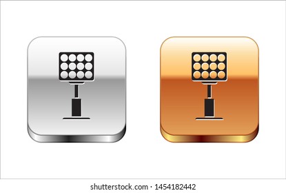 Black Bright stadium lights icon isolated on white background. Spotlight on a football field. Floodlight, light projector. Silver-gold square button. Vector Illustration