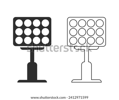 Black Bright stadium lights line icon set isolated on white background. Spotlight on a football field. Floodlight, light projector. Vector Illustration