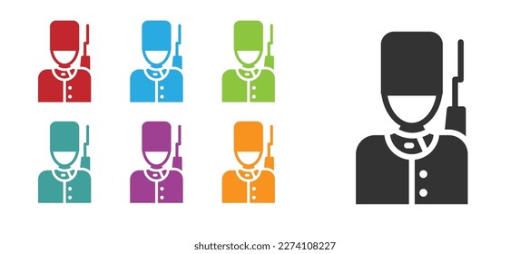Guardián británico negro con sombrero de piel de barbón icono de marcha aislado en fondo blanco. Indique los iconos en colores. Vector