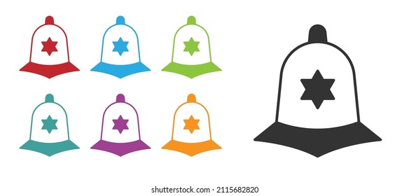 Black British police helmet icon isolated on white background. Set icons colorful. Vector