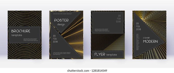 Black brochure design template set. Gold abstract lines on black background. Actual brochure design. Bewitching catalog, poster, book template etc.