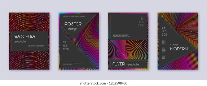 Black brochure design template set. Rainbow abstract lines on wine red background. Admirable brochure design. Delicate catalog, poster, book template etc.