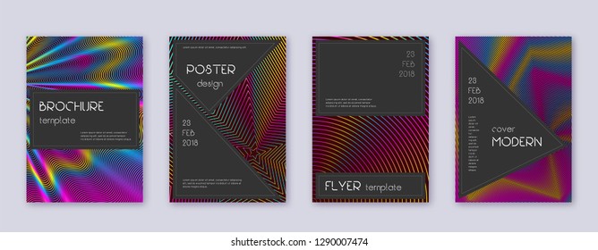 Black brochure design template set. Rainbow abstract lines on wine red background. Admirable brochure design. Dazzling catalog, poster, book template etc.