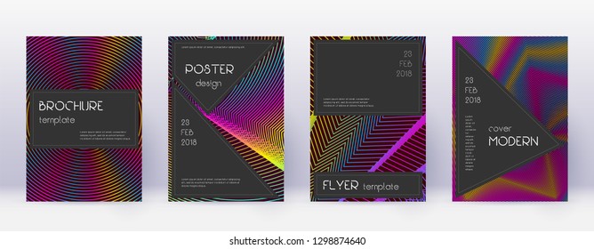 Black brochure design template set. Rainbow abstract lines on wine red background. Admirable brochure design. Elegant catalog, poster, book template etc.