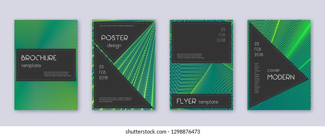 Black brochure design template set. Green abstract lines on dark background. Actual brochure design. Graceful catalog, poster, book template etc.