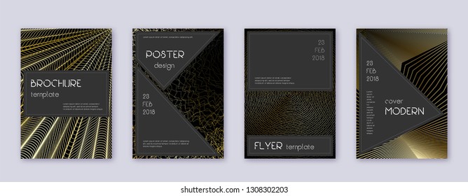 Black brochure design template set. Gold abstract lines on black background. Actual brochure design. Amazing catalog, poster, book template etc.