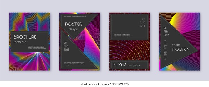 Black brochure design template set. Rainbow abstract lines on wine red background. Admirable brochure design. Divine catalog, poster, book template etc.