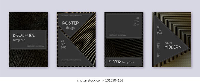 Black brochure design template set. Gold abstract lines on black background. Actual brochure design. Adorable catalog, poster, book template etc.
