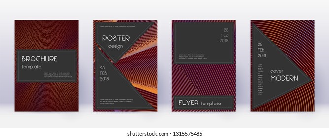 Black brochure design template set. Orange abstract lines on wine red background. Actual brochure design. Superb catalog, poster, book template etc.
