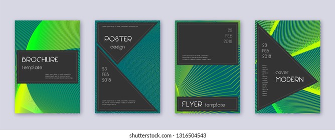 Black brochure design template set. Green abstract lines on dark background. Actual brochure design. Fascinating catalog, poster, book template etc.