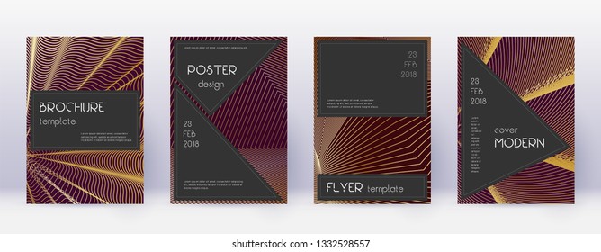 Black brochure design template set. Gold abstract lines on bordo background. Actual brochure design. Exceptional catalog, poster, book template etc.