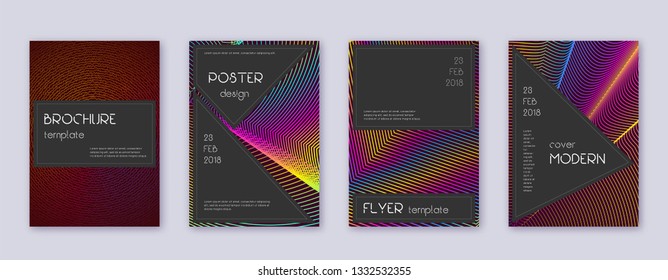 Black brochure design template set. Rainbow abstract lines on wine red background. Admirable brochure design. Classy catalog, poster, book template etc.