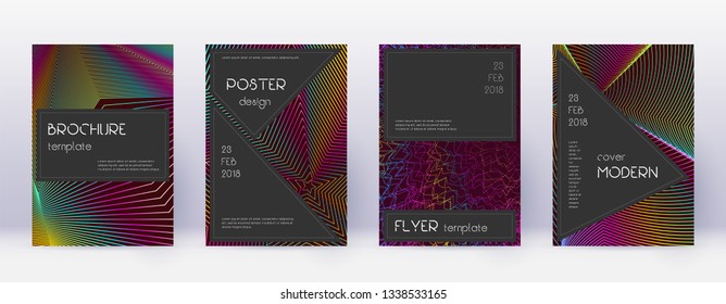 Black brochure design template set. Rainbow abstract lines on wine red background. Admirable brochure design. Emotional catalog, poster, book template etc.
