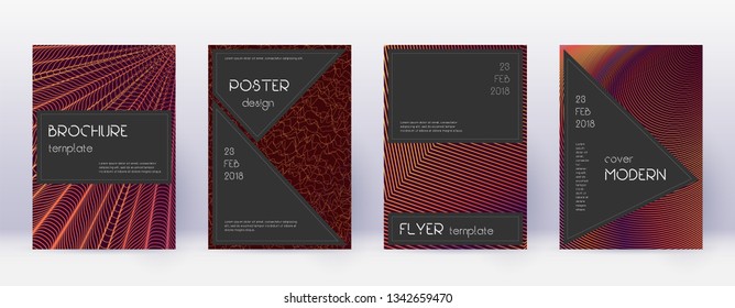 Black brochure design template set. Orange abstract lines on wine red background. Actual brochure design. Resplendent catalog, poster, book template etc.