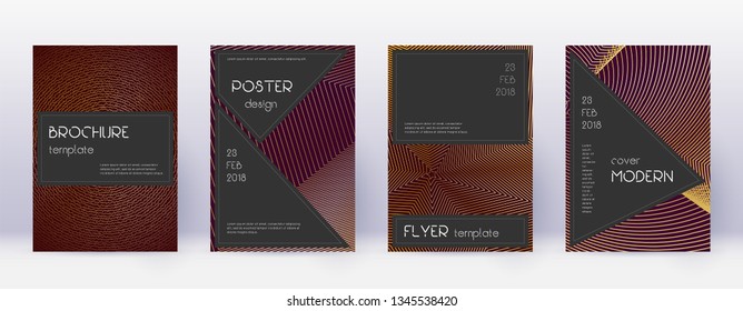 Black brochure design template set. Gold abstract lines on bordo background. Actual brochure design. Extraordinary catalog, poster, book template etc.
