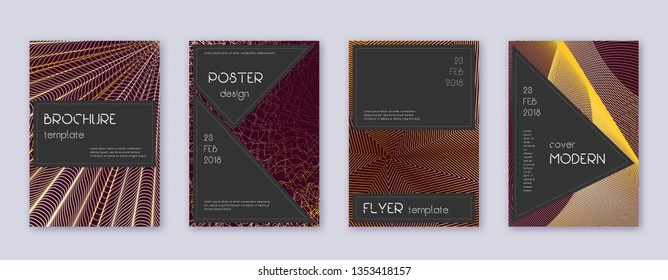 Black brochure design template set. Gold abstract lines on bordo background. Actual brochure design. Decent catalog, poster, book template etc.