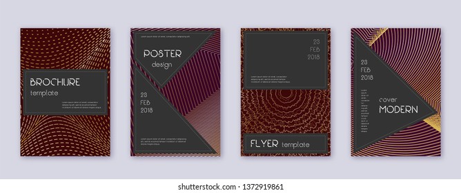 Black brochure design template set. Gold abstract lines on bordo background. Actual brochure design. Cute catalog, poster, book template etc.