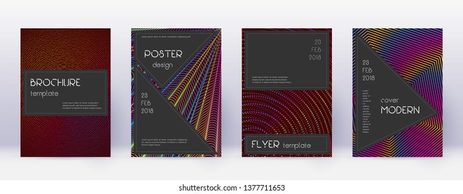 Black brochure design template set. Rainbow abstract lines on wine red background. Admirable brochure design. Eminent catalog, poster, book template etc.