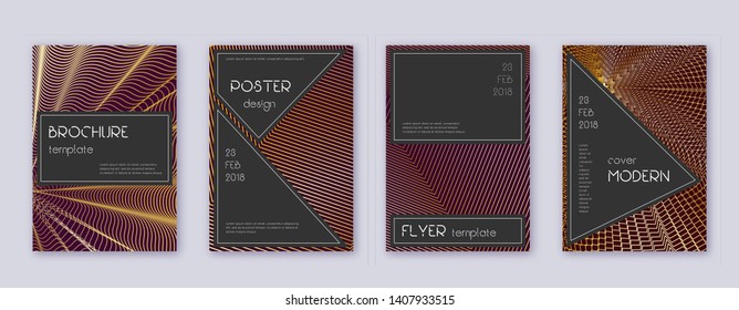 Black brochure design template set. Gold abstract lines on bordo background. Actual brochure design. Dazzling catalog, poster, book template etc.