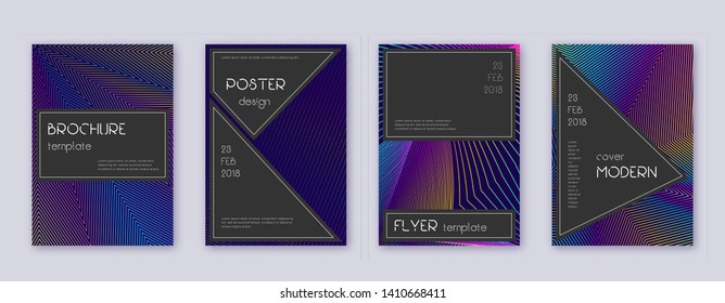 Black brochure design template set. Rainbow abstract lines on dark blue background. Admirable brochure design. Amazing catalog, poster, book template etc.