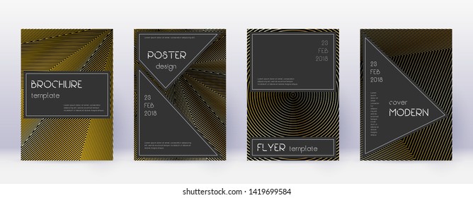 Black brochure design template set. Gold abstract lines on black background. Actual brochure design. Charming catalog, poster, book template etc.