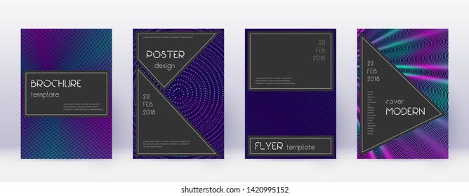 Black brochure design template set. Neon abstract lines on dark blue background. Actual brochure design. Popular catalog, poster, book template etc.