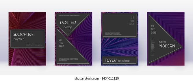 Black brochure design template set. Violet abstract lines on dark background. Admirable brochure design. Noteworthy catalog, poster, book template etc.