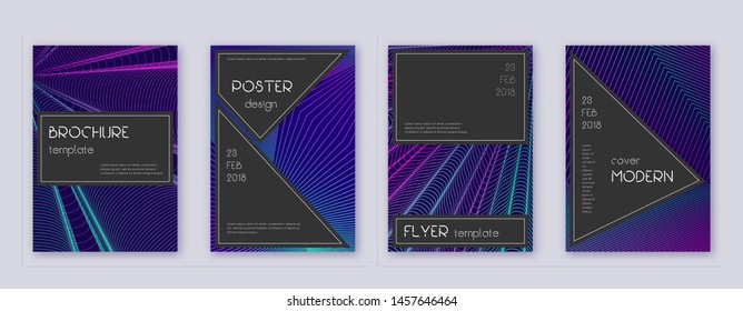Black brochure design template set. Neon abstract lines on dark blue background. Actual brochure design. Marvelous catalog, poster, book template etc.