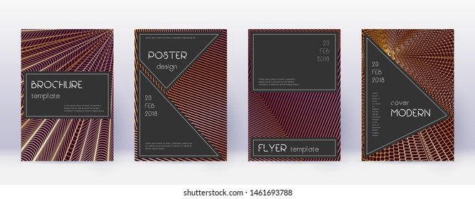 Black brochure design template set. Gold abstract lines on bordo background. Actual brochure design. Fancy catalog, poster, book template etc.