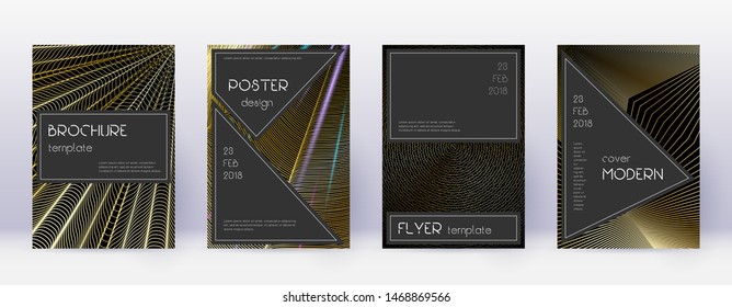 Black brochure design template set. Gold abstract lines on black background. Actual brochure design. Brilliant catalog, poster, book template etc.