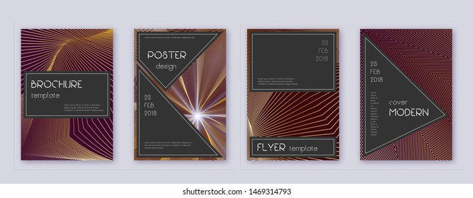 Black brochure design template set. Gold abstract lines on bordo background. Actual brochure design. Cool catalog, poster, book template etc.