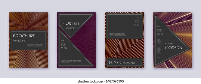 Black brochure design template set. Gold abstract lines on bordo background. Actual brochure design. Curious catalog, poster, book template etc.