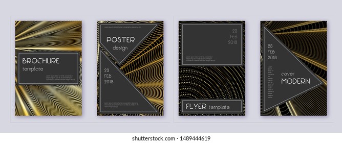 Black brochure design template set. Gold abstract lines on black background. Actual brochure design. Appealing catalog, poster, book template etc.