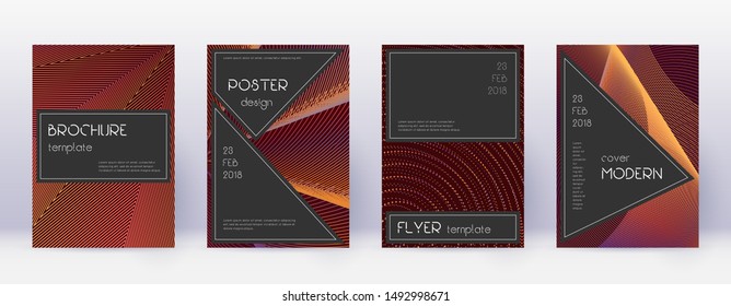 Black brochure design template set. Orange abstract lines on wine red background. Actual brochure design. Splendid catalog, poster, book template etc.
