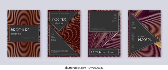 Black brochure design template set. Gold abstract lines on bordo background. Actual brochure design. Creative catalog, poster, book template etc.