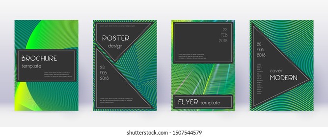 Black brochure design template set. Green abstract lines on dark background. Actual brochure design. Immaculate catalog, poster, book template etc.
