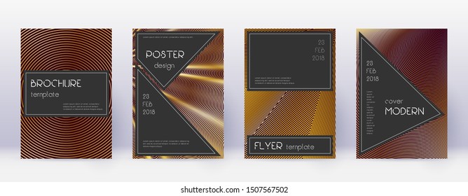 Black brochure design template set. Gold abstract lines on bordo background. Actual brochure design. Emotional catalog, poster, book template etc.