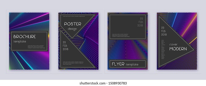 Black brochure design template set. Rainbow abstract lines on dark blue background. Admirable brochure design. Appealing catalog, poster, book template etc.