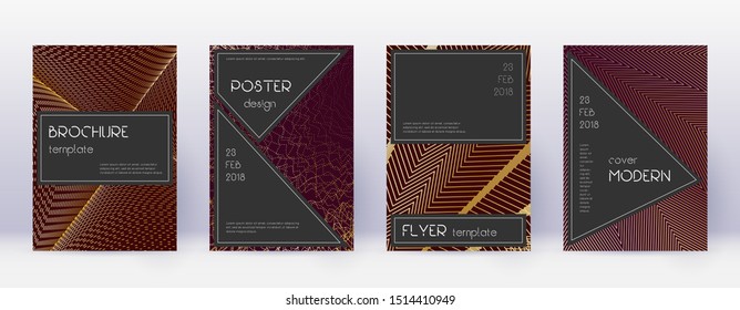 Black brochure design template set. Gold abstract lines on bordo background. Actual brochure design. Fair catalog, poster, book template etc.