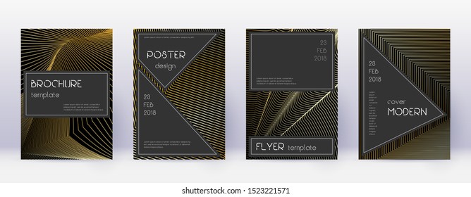 Black brochure design template set. Gold abstract lines on black background. Actual brochure design. Breathtaking catalog, poster, book template etc.