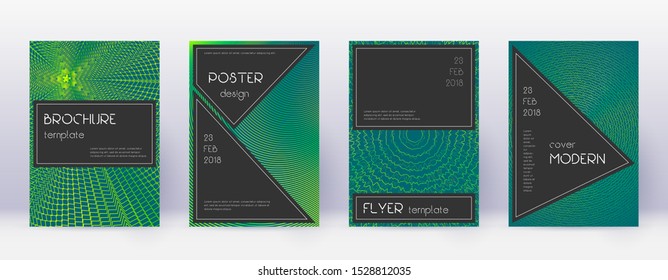 Black brochure design template set. Green abstract lines on dark background. Actual brochure design. Lively catalog, poster, book template etc.