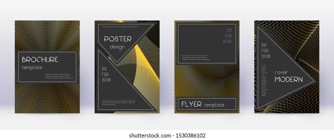 Black brochure design template set. Gold abstract lines on black background. Actual brochure design. Captivating catalog, poster, book template etc.